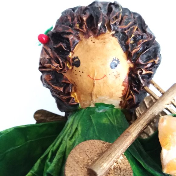 Ornament Angel VTG Christmas Paper Mache Handmade Decoupage Holly Instrument Fun - Picture 3 of 7